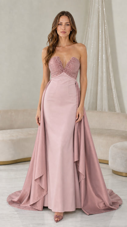Full length view of dusty rose color variant evening dress