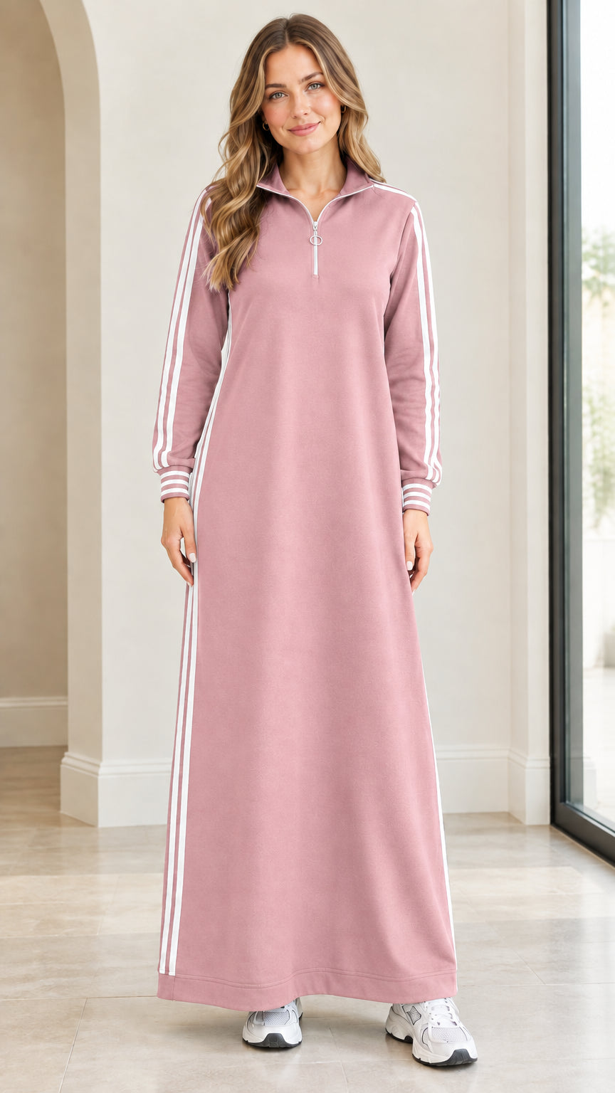 Front view of dusty pink half-zip long sleeve maxi dress