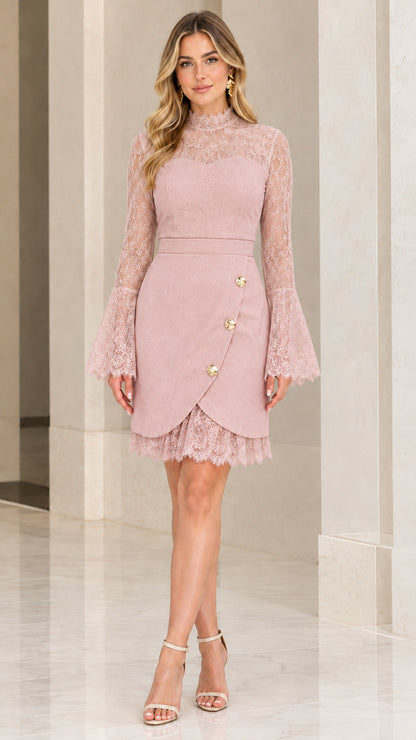 Dusty pink long sleeve lace mini dress with button tulip hem front view