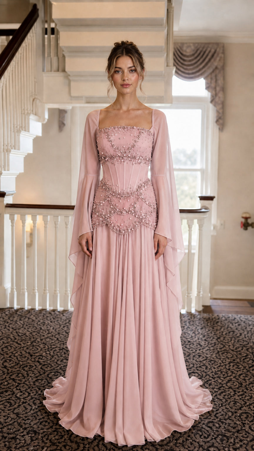 Front view of Pink Beaded Corset Long Sleeve Maxi Gown