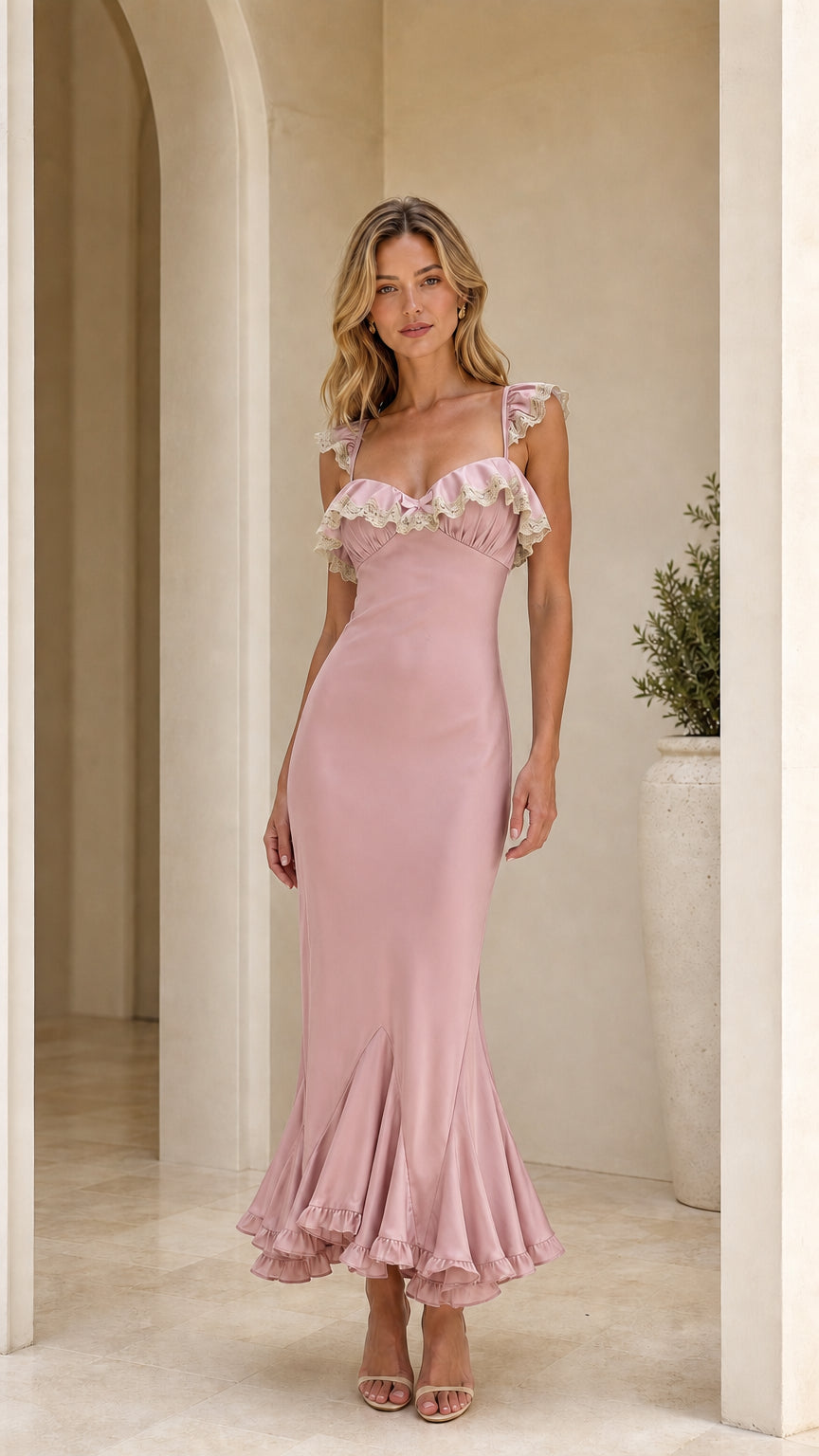 Model wearing pink ruffle trim maxi dress