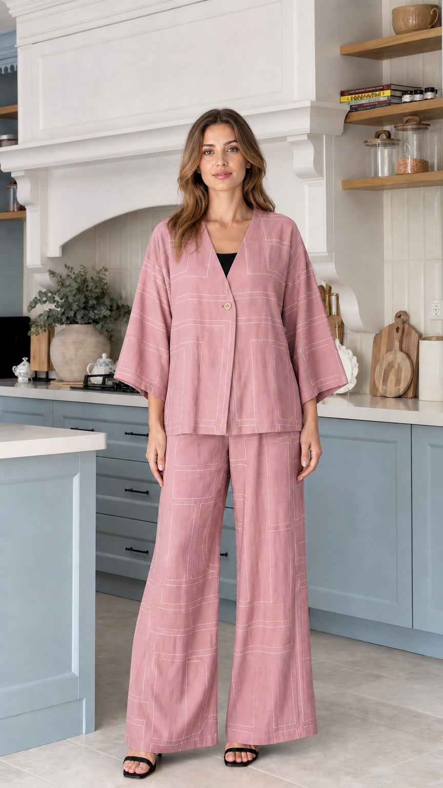 Model wearing Dusty Pink 2-piece relaxed loungewear set