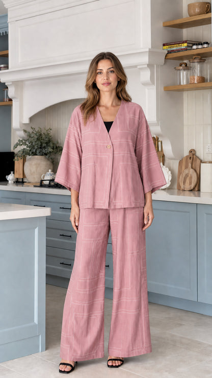 Model wearing Dusty Pink 2-piece relaxed loungewear set