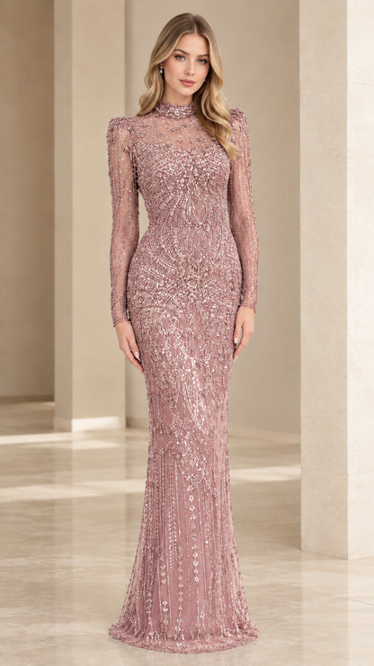 Full-length front view of woman wearing dusty rose sequin embellished formal gown