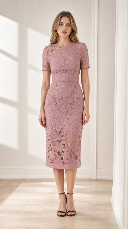 Front view of model wearing dusty pink floral lace midi dress