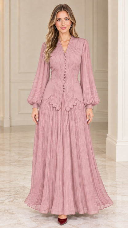 Dusty pink pleated long sleeve V-neck maxi evening gown