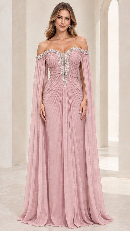 Dusty Rose pleated off-the-shoulder evening gown with cape drape