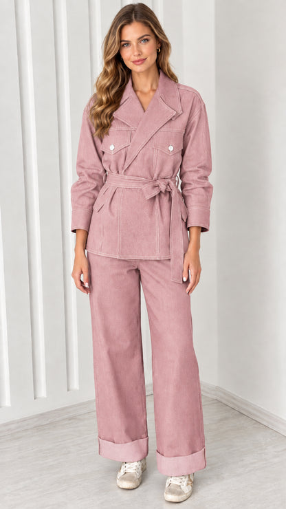 Full-body view of model wearing Dusty Pink belted utility jacket and wide-leg trousers set