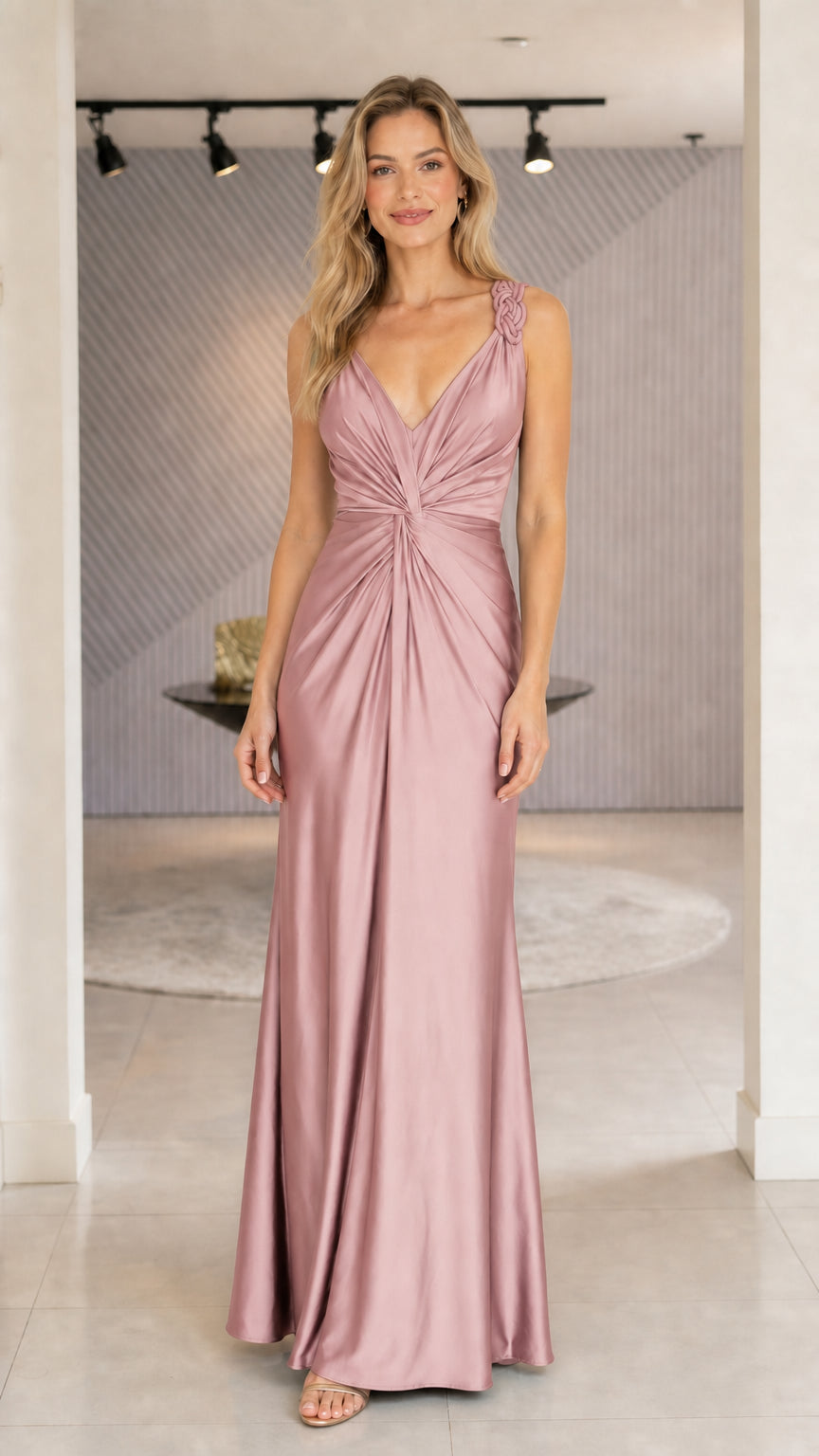 Model wearing dusty pink satin evening dress