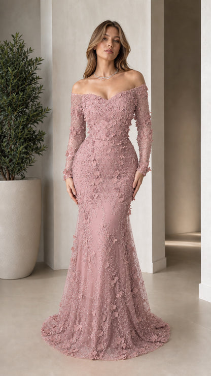 Front view of woman wearing dusty pink floral lace long sleeve evening gown