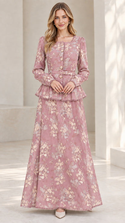 Model wearing Dusty Pink floral belted long sleeve maxi dress