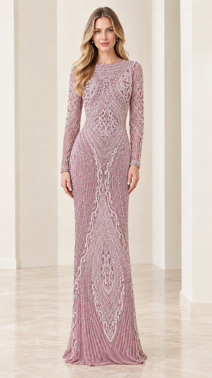 Dusty rose pink long sleeve embellished evening maxi dress