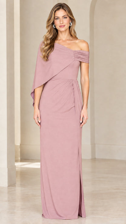 Dusty rose one-shoulder drape maxi evening gown on model