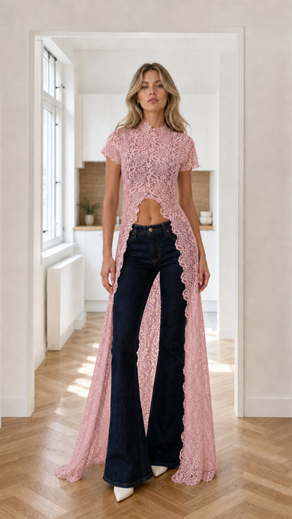 Model wearing dusty pink sheer lace floor-length duster tunic