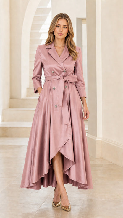 Front view of woman wearing pink satin trench dress