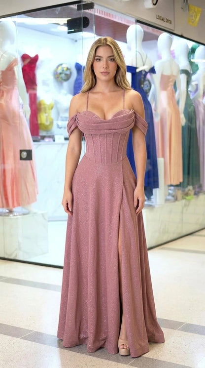 Dusty rose glitter corset evening dress with high slit