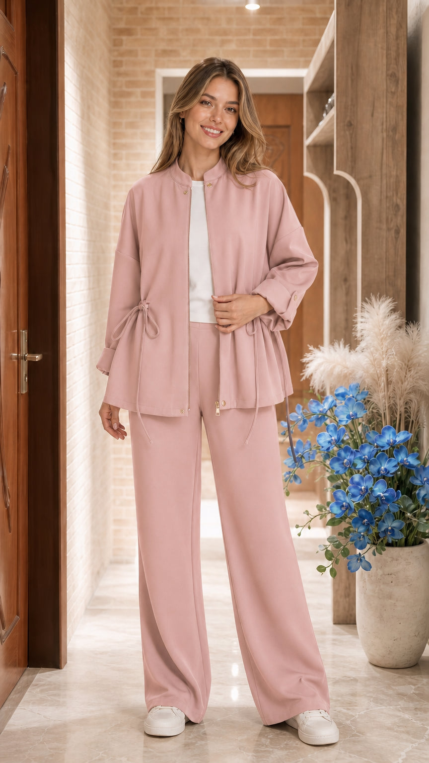 Model wearing Blush Pink two-piece zip jacket and wide-leg pant set
