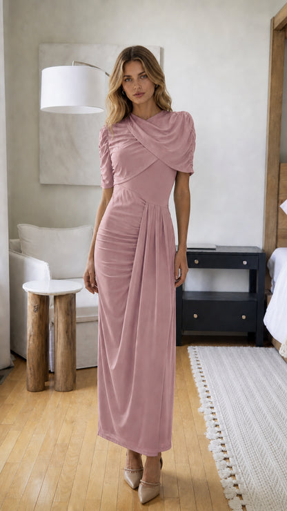 Front view of model wearing Dusty Pink draped maxi dress