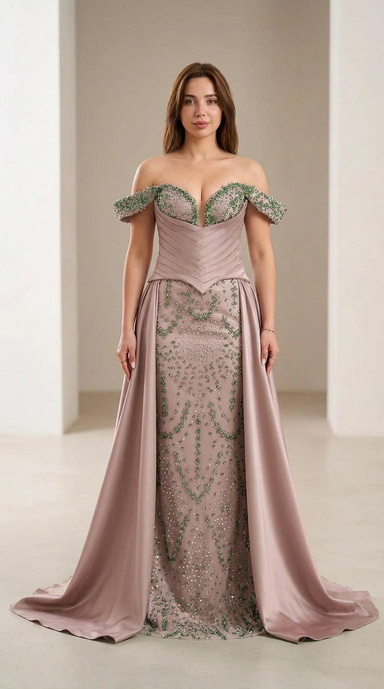 Front view of dusty rose beaded evening gown