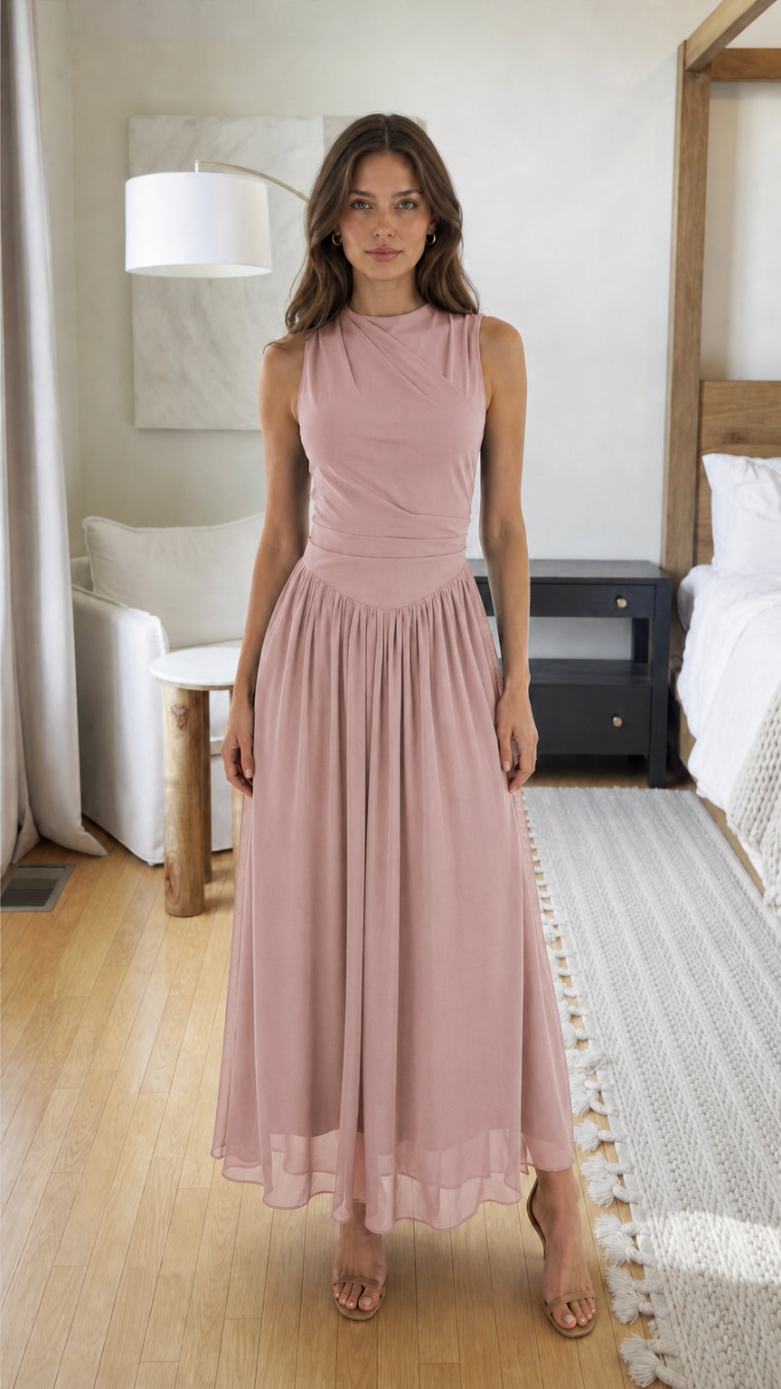 Front view of model wearing Pink chiffon maxi dress