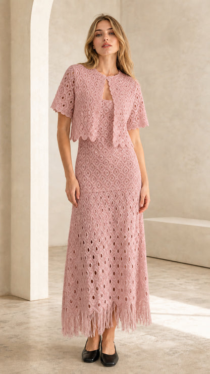 Front view of pink crochet lace two-piece set on model