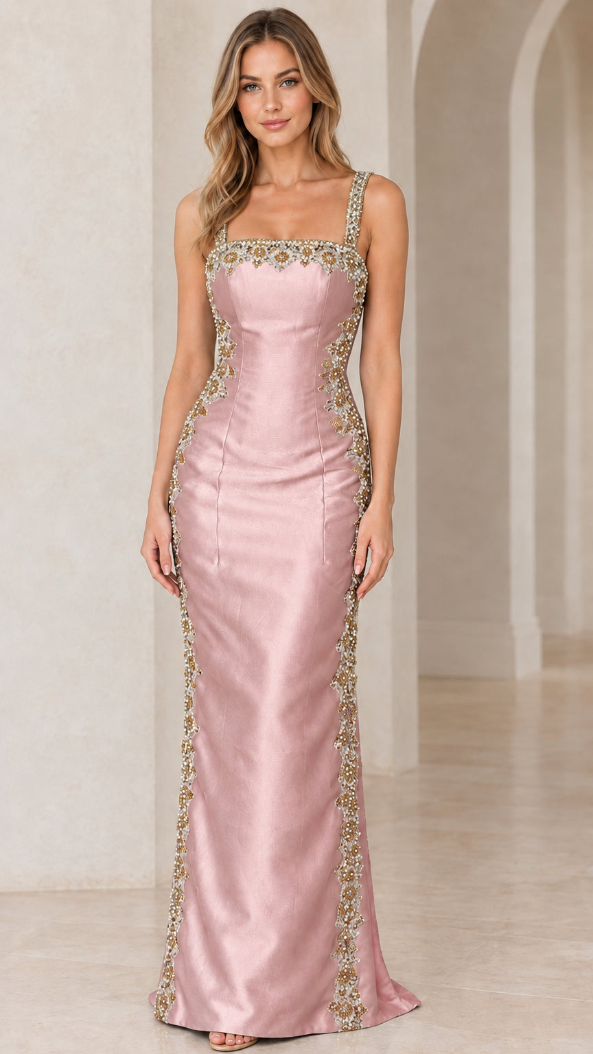 Front view of woman wearing Blush Pink satin evening gown with gold beaded trim