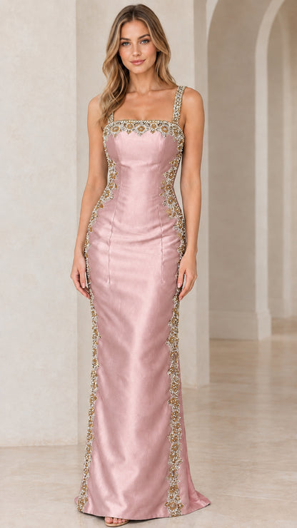 Front view of woman wearing Blush Pink satin evening gown with gold beaded trim