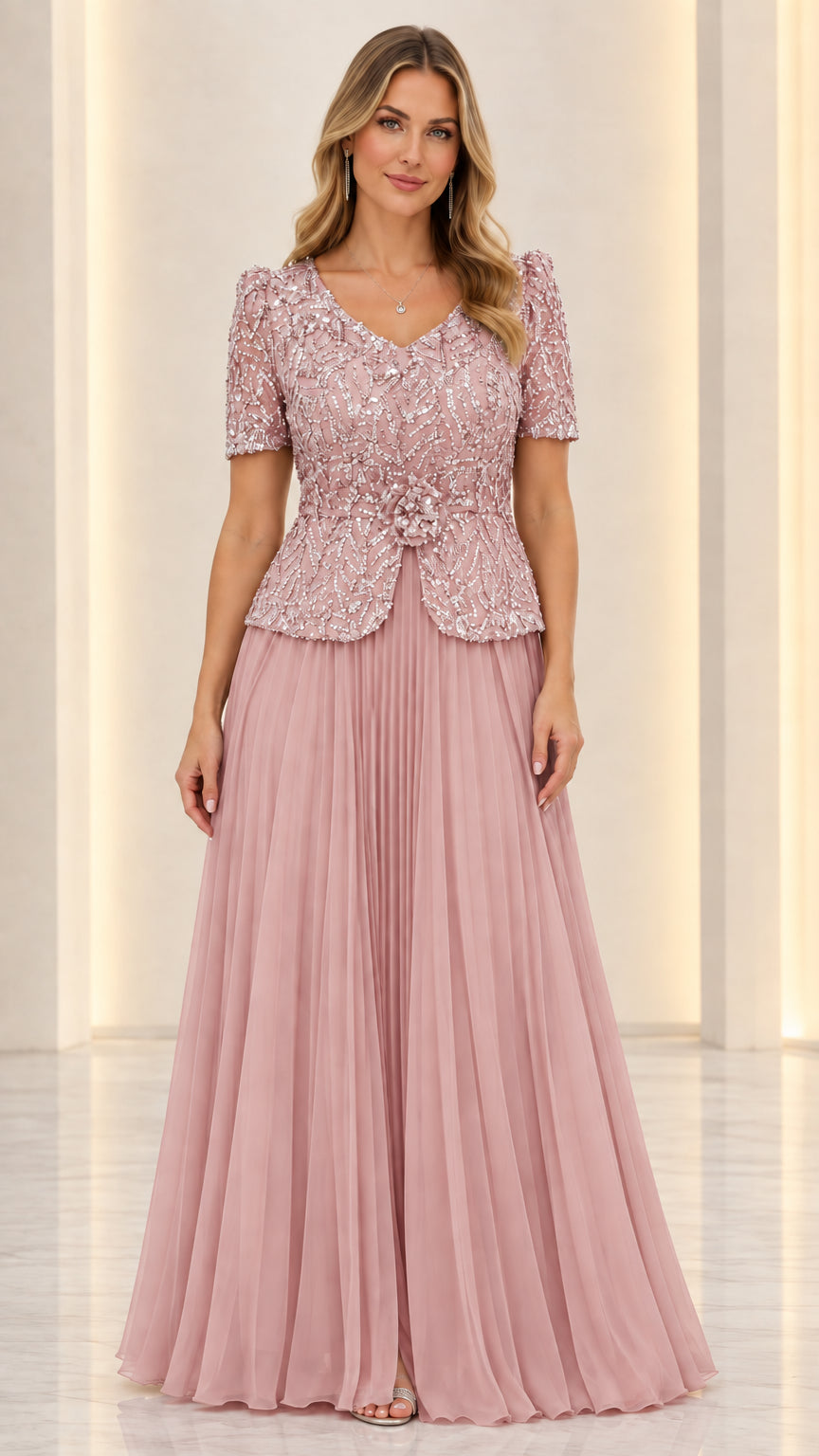 Full front view of dusty rose pink sequin peplum formal dress