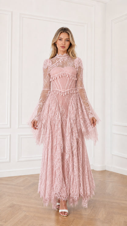 Dusty Pink long sleeve lace evening gown with corset bodice and tassel fringe