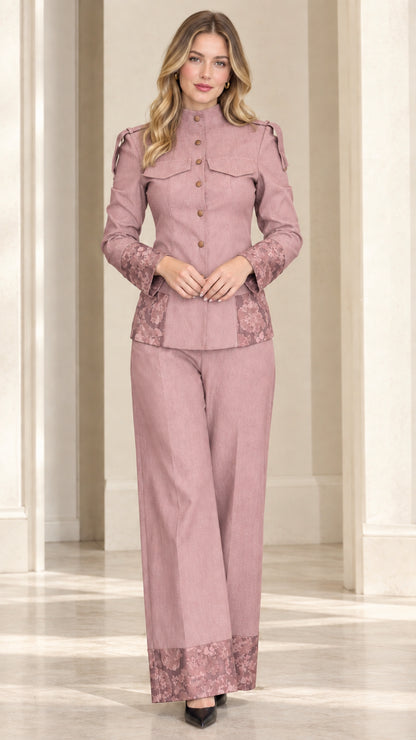 Full front view of dusty rose pink two-piece jacket and wide-leg pant set with floral jacquard trim
