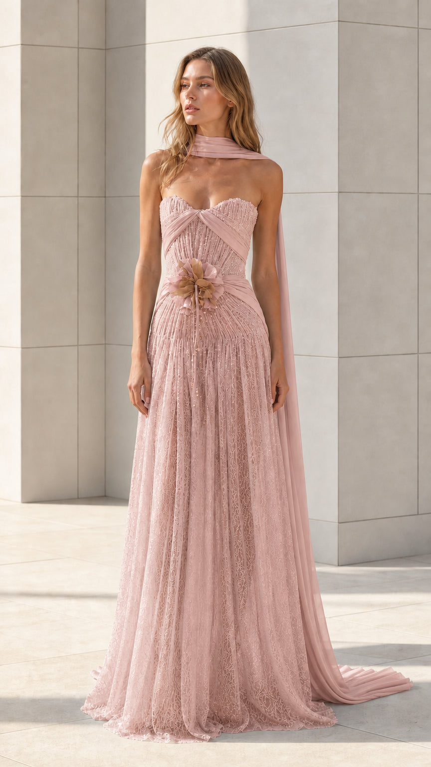 Front view of blush pink strapless lace evening gown with draped scarf
