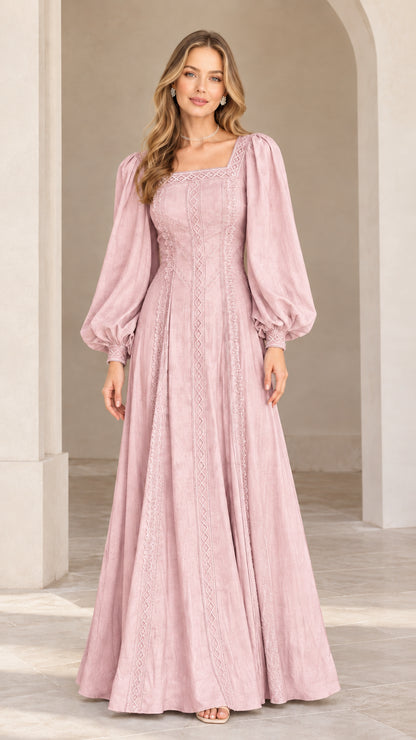 Front view of model wearing Dusty Pink vintage embroidered lantern sleeve maxi dress