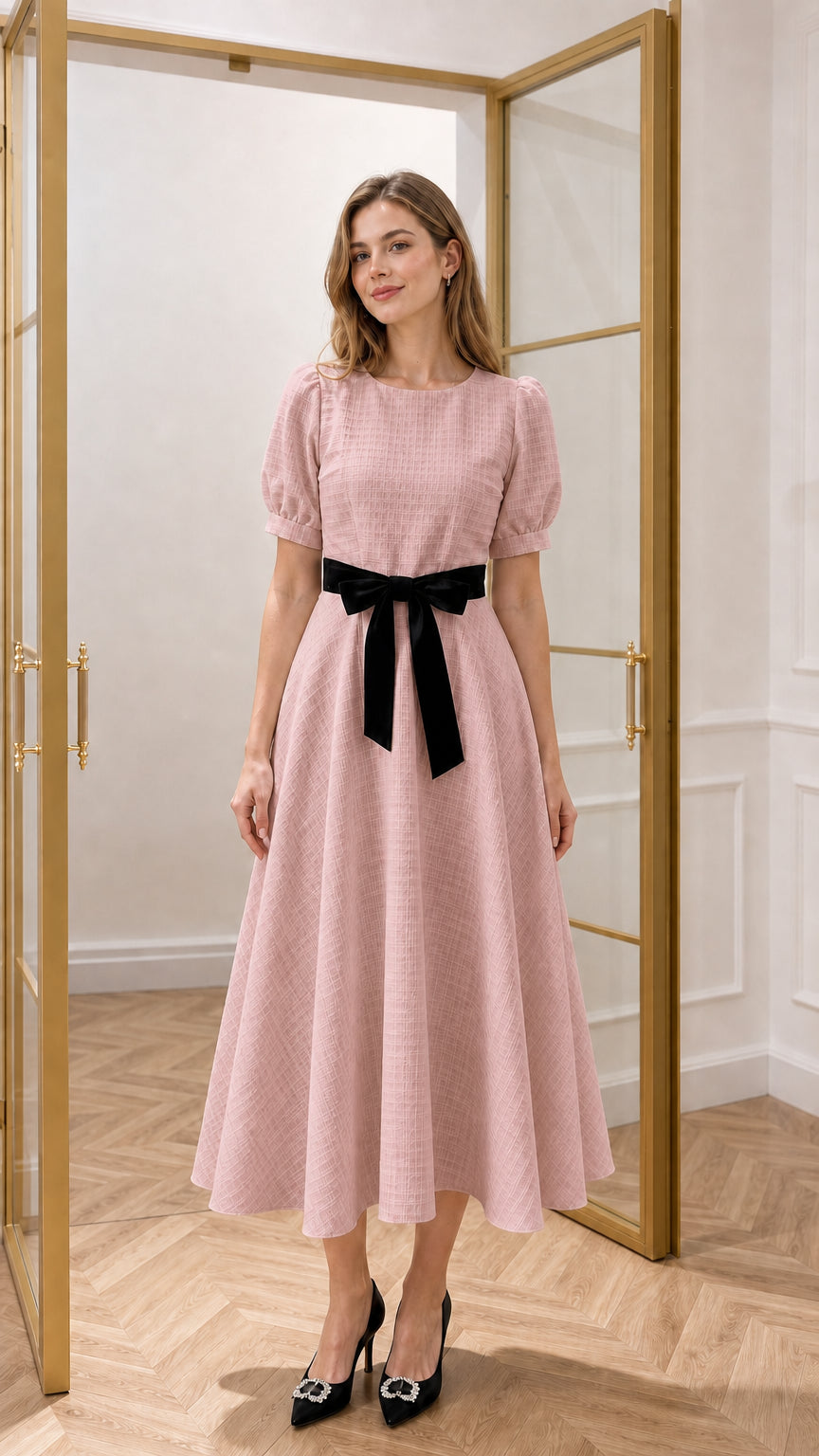 Dusty pink textured puff sleeve midi dress with contrasting black velvet sash