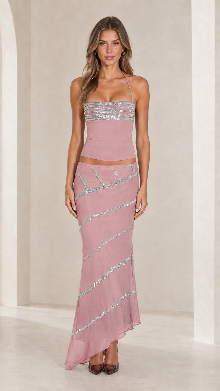 Dusty pink sequin embellished halter top and flowing maxi skirt set