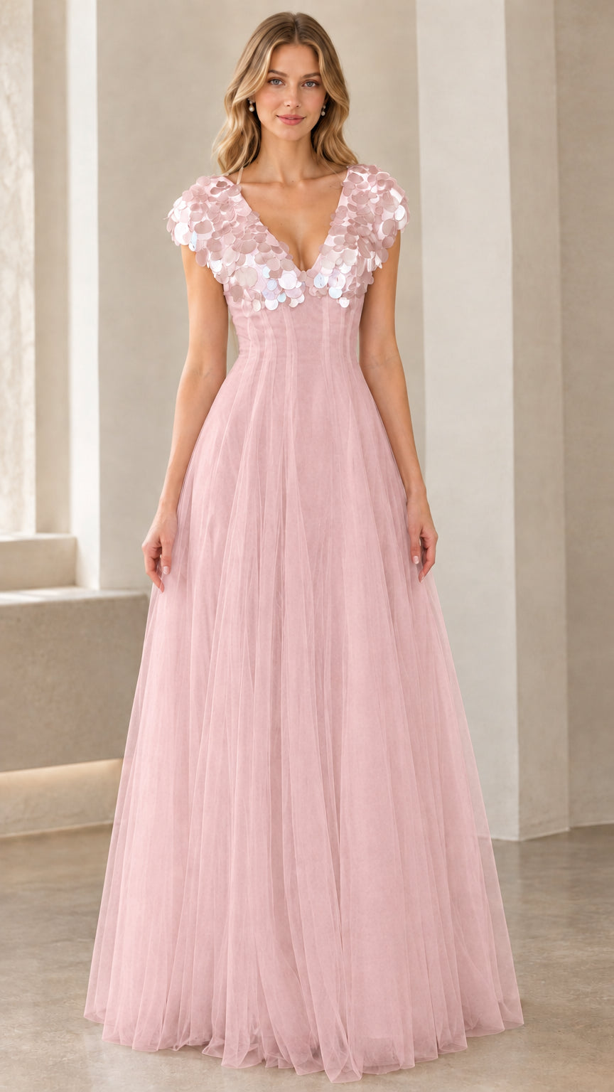 Model wearing blush pink sequin cap sleeve tulle evening gown