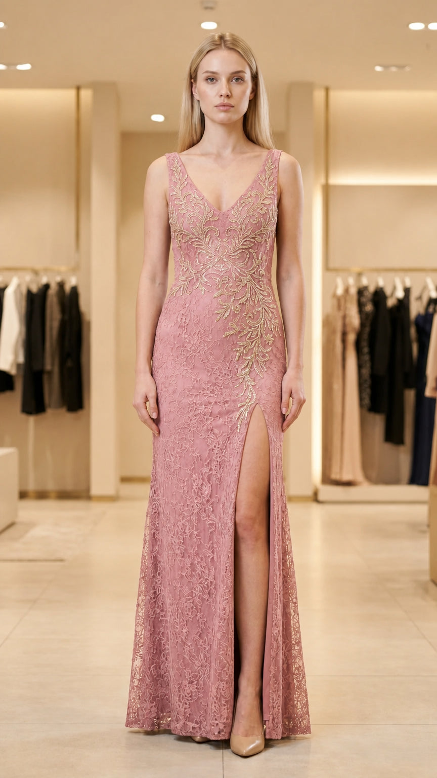 Front view of pink evening gown with sequin embroidery