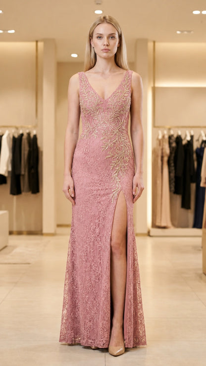 Front view of pink evening gown with sequin embroidery
