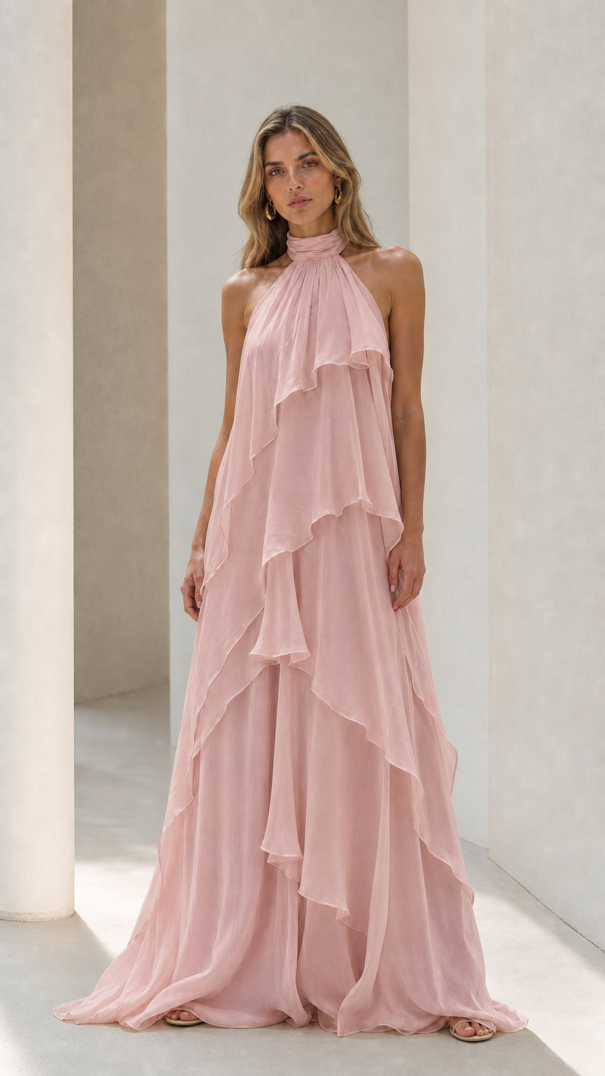 Blush pink flowing halter neck tiered ruffle gown