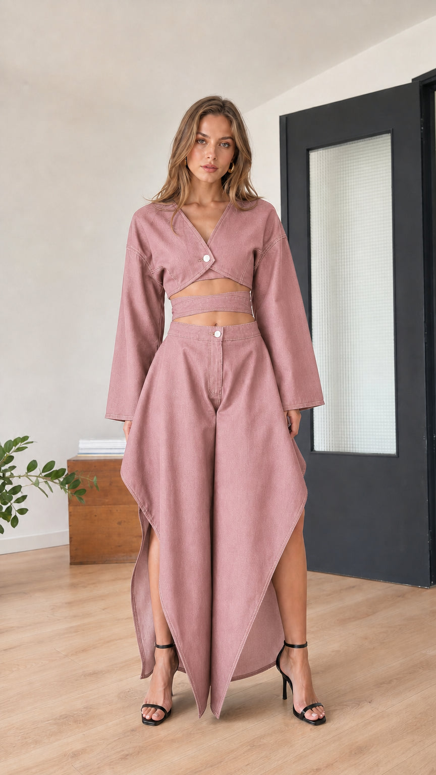 Model wearing dusty pink two-piece crop top and skirt set