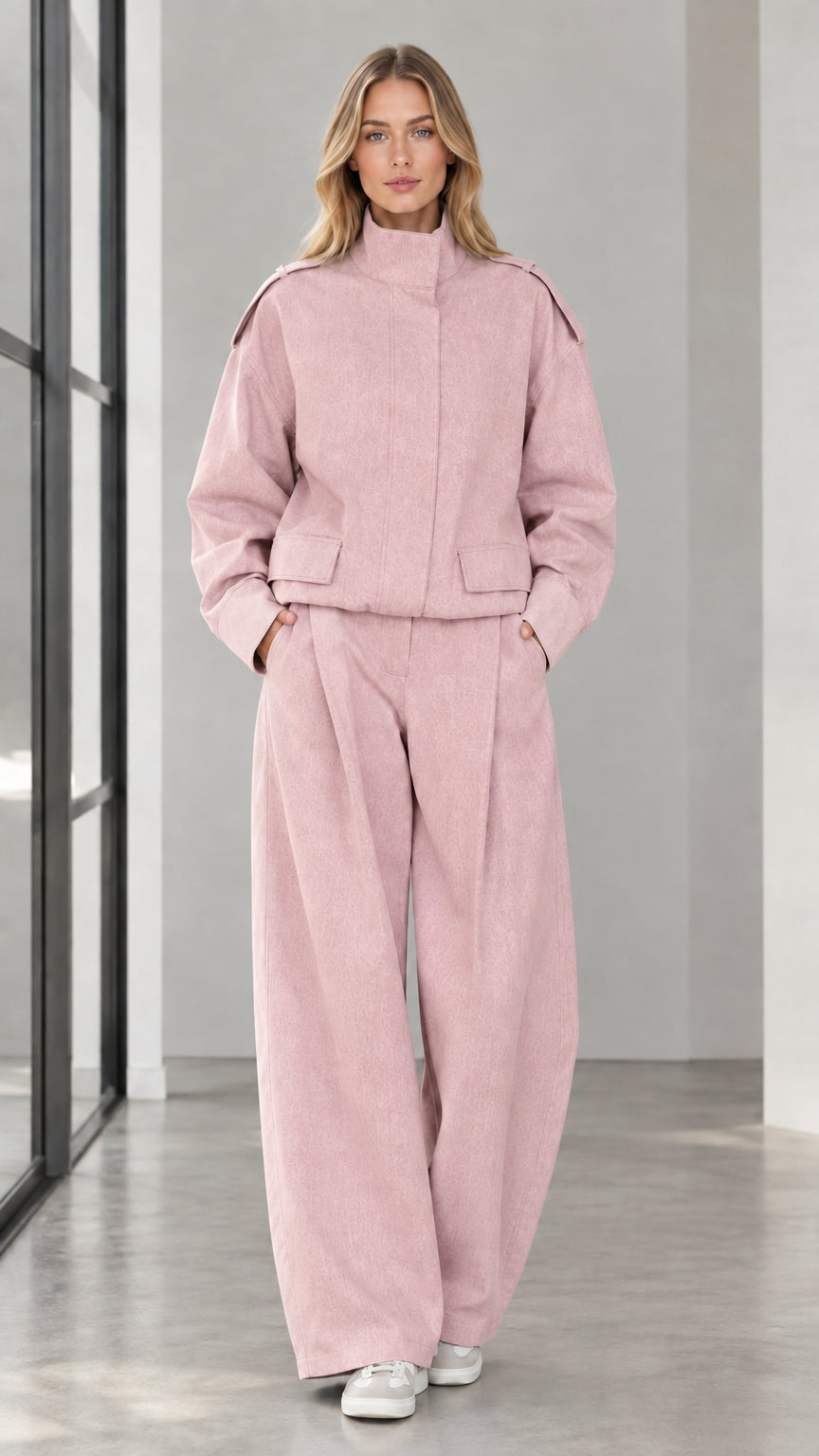 Full front view of woman wearing Dusty Pink cropped jacket and wide leg trousers set