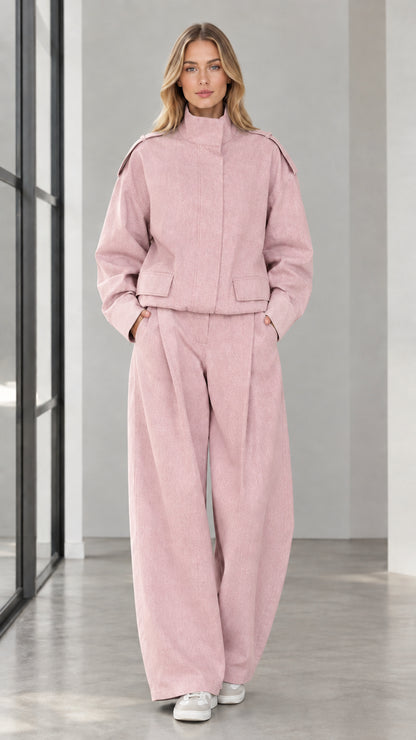 Full front view of woman wearing Dusty Pink cropped jacket and wide leg trousers set