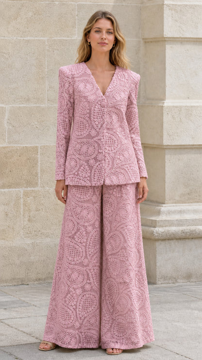 Front view of pink textured blazer and wide-leg pants set