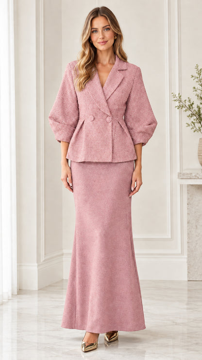 Full-length view of dusty pink tweed peplum blazer and matching maxi skirt set