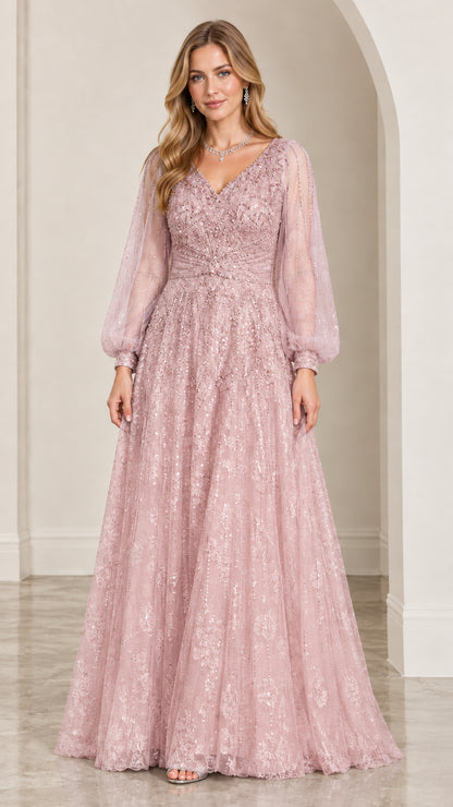 Model wearing Dusty Pink sequined floor-length dress with sheer lantern sleeves