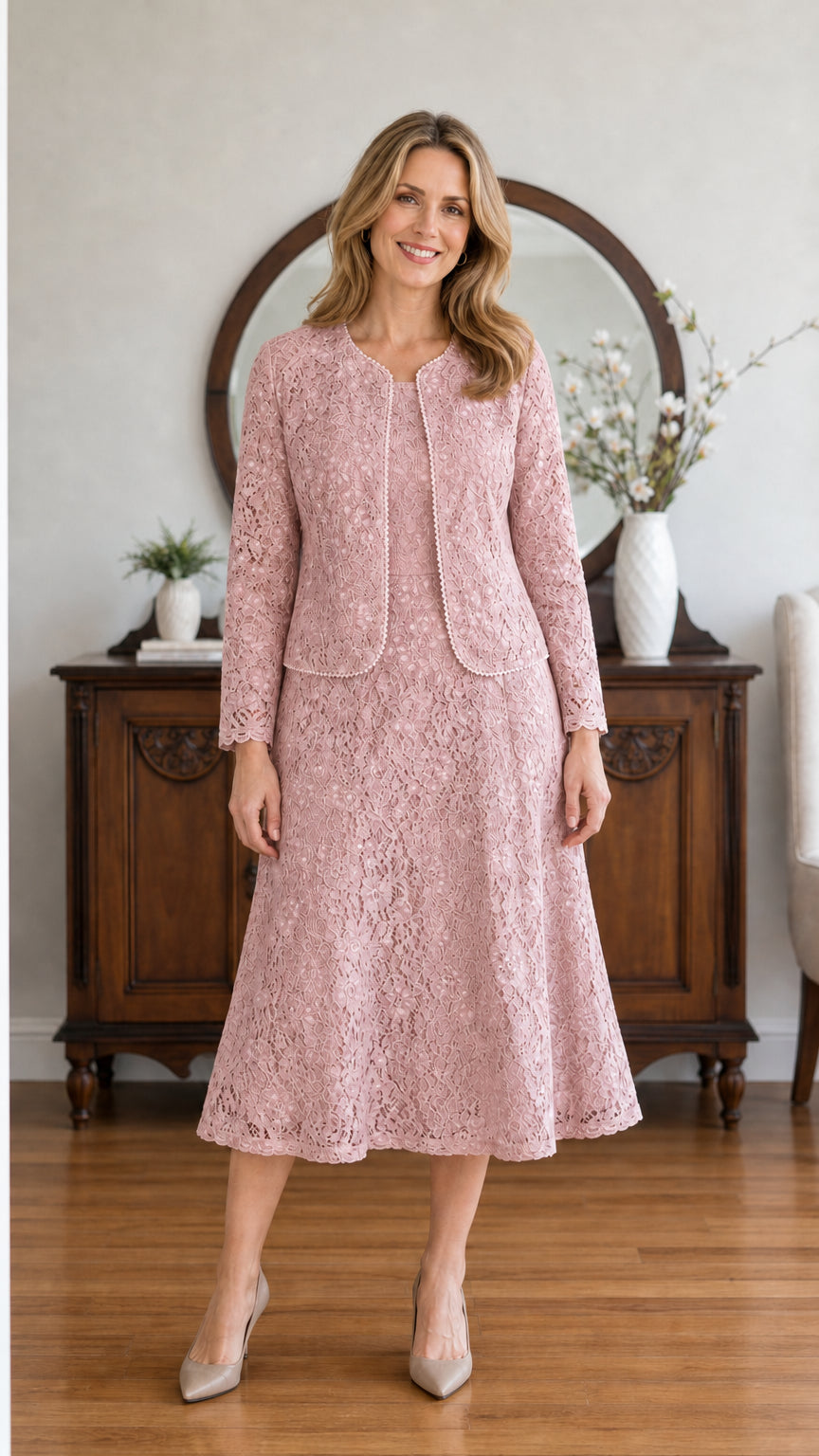 Full front view of model wearing the Blush Pink floral lace dress and jacket set