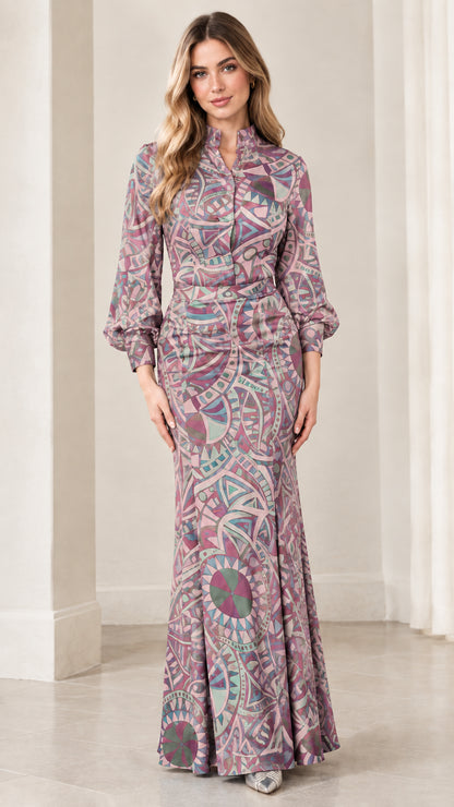 Model wearing mauve geometric print stand collar mermaid maxi dress