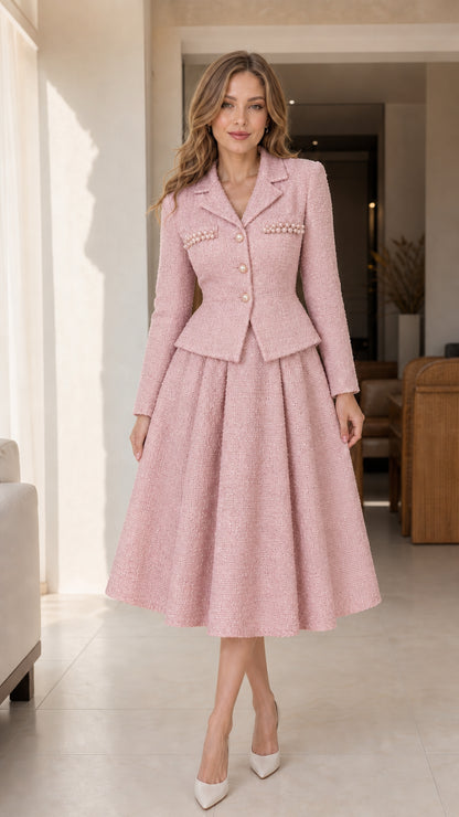 Soft pink tweed blazer and flared midi skirt two-piece set