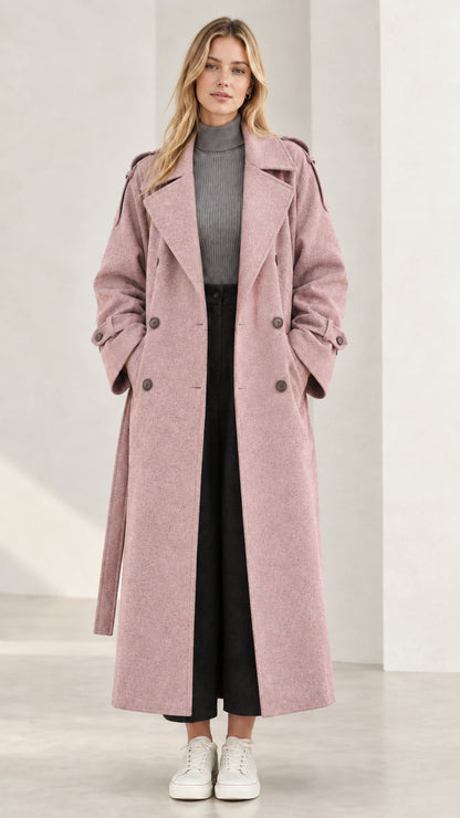 Front view of longline dusty pink textured trench coat