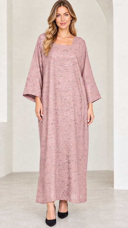 Model wearing dusty pink square neck sequin embellished maxi dress