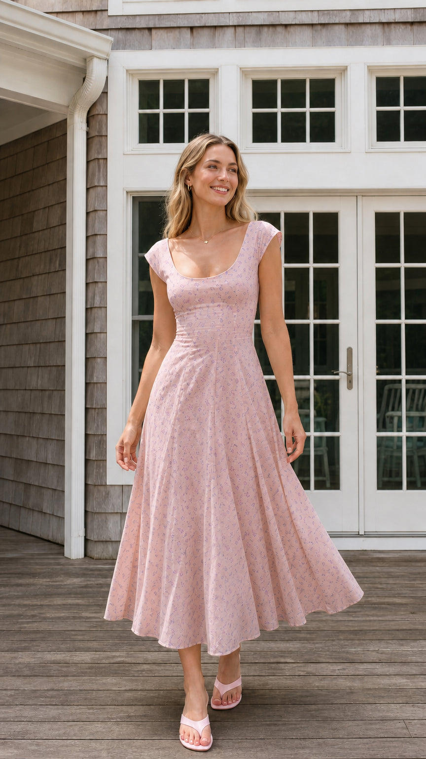 Front view of pink floral midi dress on model